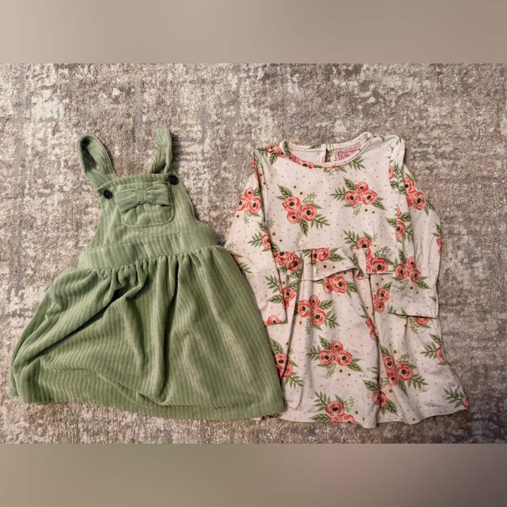 Just Lizzy Kids Floral Dress and Green Pinafore Set size 24M